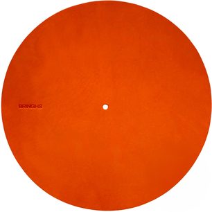Cubierta para plato giradiscos Bringhs, circular, acabado naranja, orificio central, vista superior, logo Bringhs visible