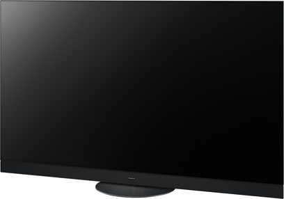 Televizor s vysokým rozlišením TV-55Z95AEG, černá obrazovka, pohled zepředu mírně zešikma, centrální kruhový stojan