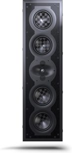 Altavoz empotrable en pared in-wall Perlisten S7i-LR, vista frontal, 4 altavoces con diseño cuadriculado, 1 tweeter central, marco rectangular negro