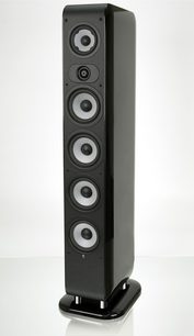 Sloupová reprosoustava Boston Acoustics M350 v černé barvě, pohled zepředu, 5 kulatých reproduktorů uspořádaných vertikálně na přední straně
