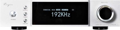 Cayin iDAC-8 audio converter in brushed aluminum silver, front view, featuring a large central black digital display showing 192 kHz, three vertical buttons on the left, and a large circular volume knob on the right