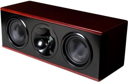 Klipsch Icon WC-24 mørkebrun træ-centerhøjttaler, set forfra, med 2 højttalere og 1 diskant, sort gitter