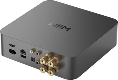 Amplificador hi-fi estéreo integrado WiiM Amp Pro cinza espacial com conectores RCA, HDMI, USB, Ethernet e terminais de alto-falantes dourados