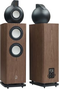 Sloupové reproduktory Elipson Legacy 3230 ořech, 3 černé reproduktory, dřevěná čelní strana, pohled zepředu a z boku
