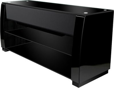 Blankt sort Yamaha YEF-ST1010 TV-møbel med åbne og lukkede hylder, set fra trekvart vinkel
