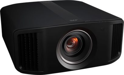 JVC DLA-NZ7 sort videoprojektor, frontvisning, centreret linse med rød ring, sideventilationsgitre