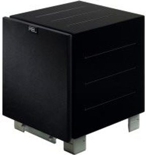 Lakeret sort kubisk Rel R205 subwoofer, blank sort front med Rel-logo, sølvfarvede metalfødder