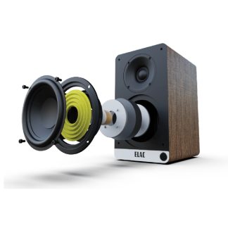 Braune Holz-Bibliotheksbox, schwarze Front, Dreiviertelansicht, explodierter Woofer, Tweeter, gelbe Aufhängung und Magnet