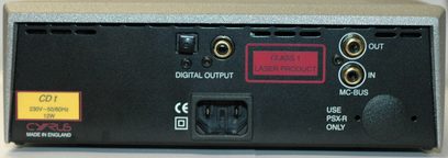 Bagpanel på en sort Cyrus CD Transport CD-afspiller med digitale og analoge lydstik, USB-port og laserklassevælger