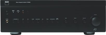 NAD C375BEE sort hi-fi stereforstærker, set forfra, sort front med knapper og stik, blå LED-display