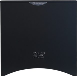 Santorin 17 M2 subwoofer sort, frontvisning, glat sort overflade, metal-logo øverst og sølvfarvet mønster nederst