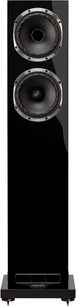 Cassa acustica da pavimento Fyne Audio F502S laccata nera, due altoparlanti con cornice metallica, condotto reflex anteriore, base con punte, vista frontale