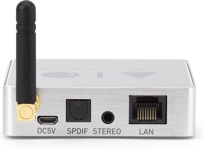 Netzwerk-Audioplayer Triangle AIO C in Silber, Frontansicht, mit Anschlüssen auf der Rückseite, WLAN-Antenne und goldenem Drehknopf