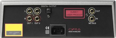 Bagpanel på en Cyrus CD6-SE CD-afspiller med digitale og analoge lydudgange, MC-BUS-indgang og klasse 1 laserswitch