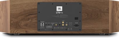 JBL L75MS højttaler i valnøddetræ, set forfra, mørk grå front med LED-skærm, knapper og tilslutninger, træfinish på siderne