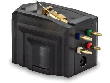 Testina phono Michell Engineering Cusis M, corpo sintetico nero, vista 3/4, stilo dorato, quattro pin codificati a colori