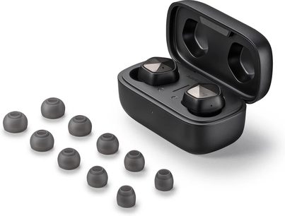 Cuffie hi-fi aperte Astell&Kern AK UW100 nere e 10 auricolari in-ear grigi, vista frontale dall'alto