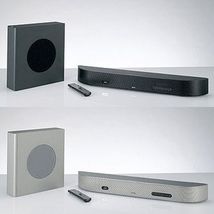 To Denon DHT-FS3 soundbars, den ene grå og den anden sort, med fjernbetjening, set forfra og fra siden på hvid baggrund