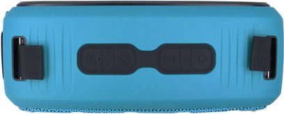 Přenosný Bluetooth reproduktor Yourban Getone 60 modrý, pohled zepředu, černá středová tlačítka, dvě boční černé popruhy, texturovaný povrch