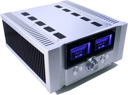 Cayin H-80A stereo hi-fi-forstærker, sølvfarvet kabinet, sort køler, blå LCD-skærme, drejelige metalkontroller, retro-look