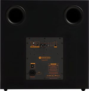 Касон за ниски честоти Monitor Audio Vestra W15, правоъгълен черен матов дървен корпус с метална задна плоча, оборудван с две горни кръгли отдушници и централна конекторна секция, задна гледна точка