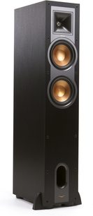 Sort Klipsch R-26F gulvhøjttaler, front med grå indrammede højttalere, diskanthøjttaler, basrefleksport, set forfra