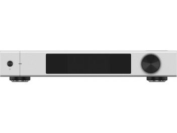 Lecteur audio réseau Matrix Audio Element X2 Pure aluminium argenté brossé, vue de face, large écran noir central, petit bouton marche circulaire à gauche et grosse molette de volume noire à droite