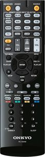 Schwarze Onkyo-Fernbedienung RC-834M mit Tasten zur Steuerung des Heimkino-Verstärkers TX-NR616, Vorderansicht