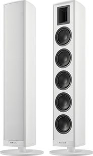 Witte Piega Premium 801 Gen2 vloerstaande luidsprekers, slank design met 4 zwarte drivers op een ronde voet