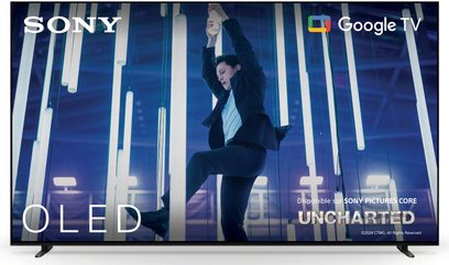 Sony BRAVIA 8 65XR80 højopløsnings-tv i sort, metalchassis med ultratynd ramme, flad OLED-skærm og slanke sideben, vist forfra