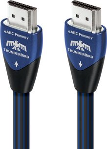 Due cavi HDMI Audioquest ThunderBird eARC Priority blu e neri, con connettori argentati, visti frontalmente