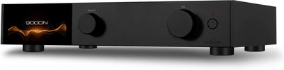 Netzwerk-Audioplayer Audiolab 9000N schwarz mit Bildschirm, der "9000N" anzeigt, zwei runden Knöpfen und einem Ein-/Ausschalter