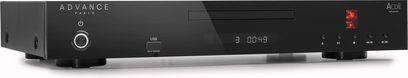 Advance Paris ACD Apex cd-afspiller i sort metal, set forfra i trekvart, slids, display, USB-port, vindue til rør, knapper