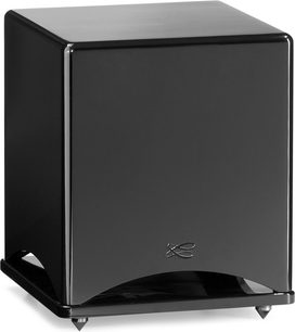 Cabasse Santorin 25 M2 sort subwoofer, set forfra, kubisk form, blank sort front med sølvfarvet logo