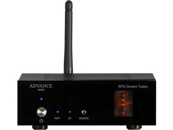 Sieťový audio prehrávač Advance Paris WTX-Stream Tubes čierny, predný pohľad, vertikálna anténa, LED displej, 3 tlačidlá
