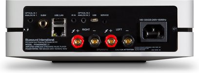 BlueSound PowerNode 2i hvid stereo hi-fi-forstærker, bagside, lyd- og netværksforbindelser, knapper, stik, kontakt