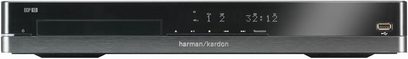Harman Kardon BDP10 4K Blu-ray-afspiller set forfra, sort front med display, kontrolknapper og diskskuffe