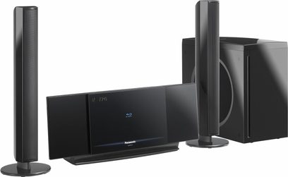 Sort Panasonic SC-BTX77EG-K hjemmebiografsystem bestående af en basrefleksboks, to højttalertårne og en Blu-ray-afspiller