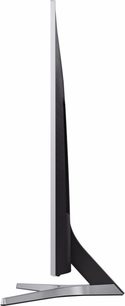 Samsung UE40MU6405 TV set set fra siden, flad og tynd skærm på sølvfarvet metalstativ i form af en omvendt V