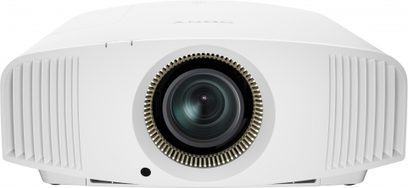 Sony VPL-VW320ES hvid videoprojektor, set forfra, centreret linse, sidehullede ventilationsgitre, afrundet form