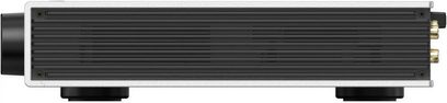 Matrix Audio Element M2 netværksafspiller i sølv og sort aluminium, sidebillede der viser panel med horisontale ribber, to forgyldte RCA-stik og sorte runde fødder
