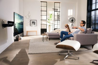Moderne stue med gråt sofa, hvid lænestol, gråt tæppe, vægmonteret tv, store vinduer, mand siddende på sofaen med hund