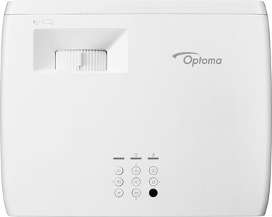 Проєктор Optoma UHZ35ST білий, вид зверху, передня панель з об'єктивом, кнопками керування та логотипом Optoma