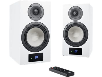 Canton Smart GLE 3 S2 matte white wireless speakers, compact pair with BT display and black remote control