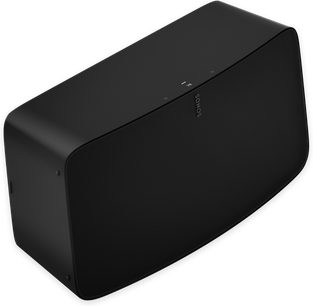 Matte black Sonos Five wireless connected speaker, front 3/4 view, rounded rectangular shape, black acoustic grille