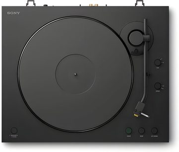 Üstten görünümde siyah Sony PS-LX5BT pikap, dairesel tabla ve düz ton kolu, stop ve Bluetooth düğmeleriyle birlikte