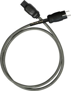 Cardas Iridium Power strømkabel 1m, set ovenfra, sorte stik, grå kabel med hvide inskriptioner
