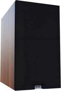 Elac Debut 3.0 DB53 bookshelf speaker in walnut, walnut wood cabinet, black perforated grille front, three-quarter view