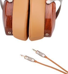 Sivga Robin SV021 Holz-Kopfhörer aus lackiertem Palisanderholz mit zwei orangefarbenen geflochtenen Kabeln und 3,5-mm-Klinkensteckern