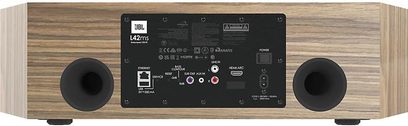Diffusore JBL L42 in noce, frontale con 2 altoparlanti circolari, display LED, pulsanti e connettività, finitura in legno